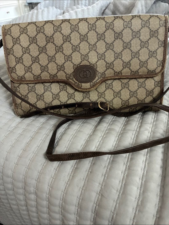 Gucci Handbags - Gucci Beige Monogram Crossbody with Brown Leather Trim and Gold Buckle